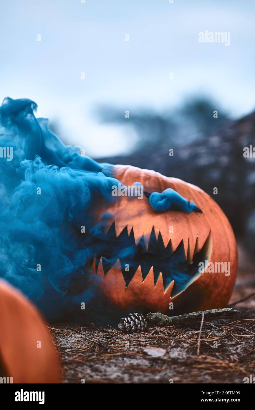 Calabaza de Halloween con humo azul. Fotografía de alta calidad Foto de stock