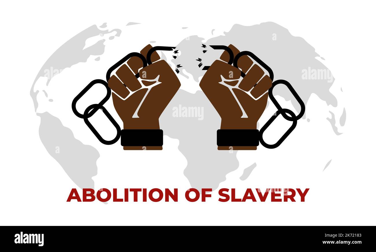 Día Internacional para la Abolición de la Esclavitud. Puño y cadenas rotas. Concepto de libertad. Día para el recuerdo de la trata de esclavos. Ilustración del Vector
