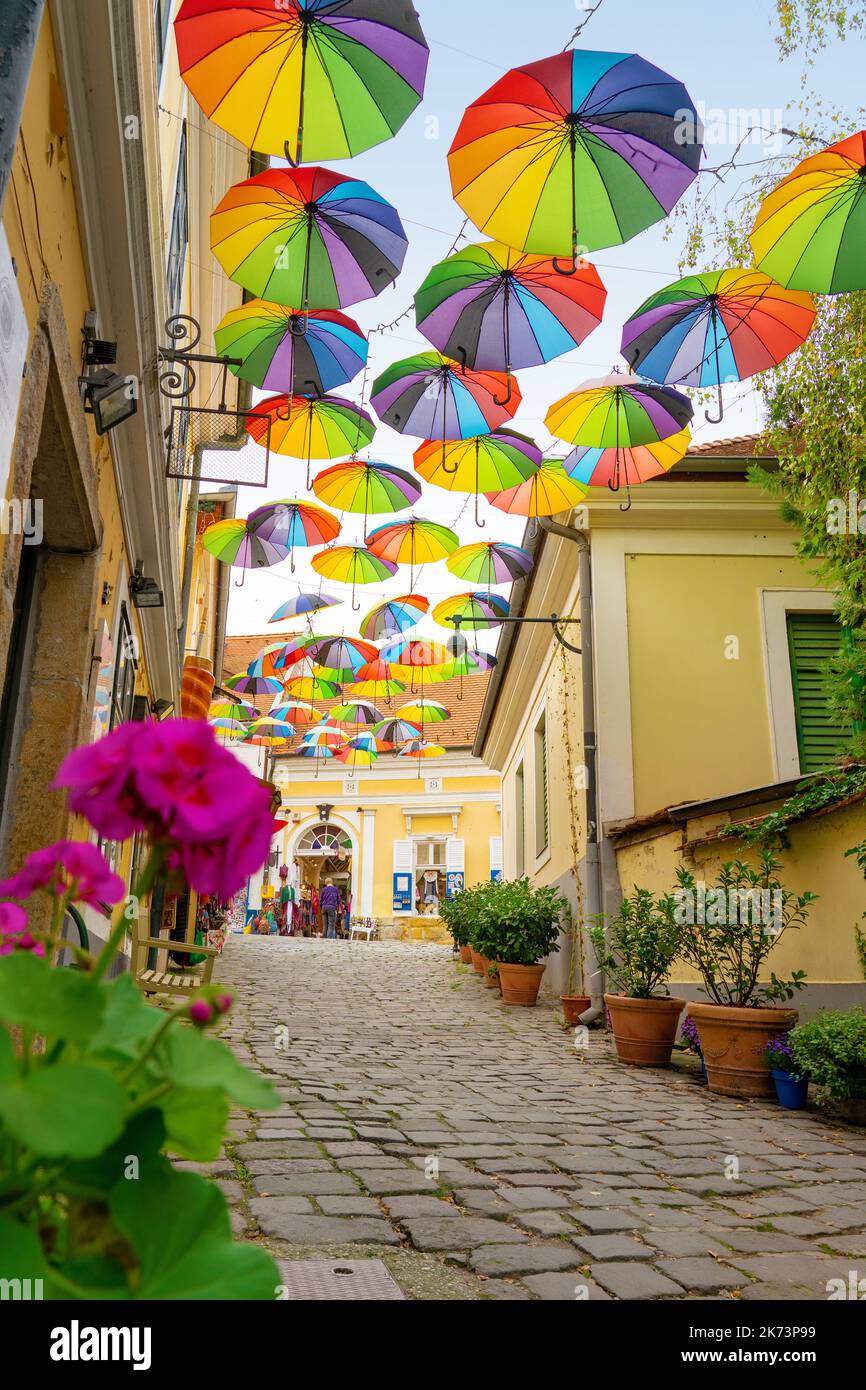 Coloridas sombrillas divertidas colgando sobre la calle en Szentendre con flores Foto de stock