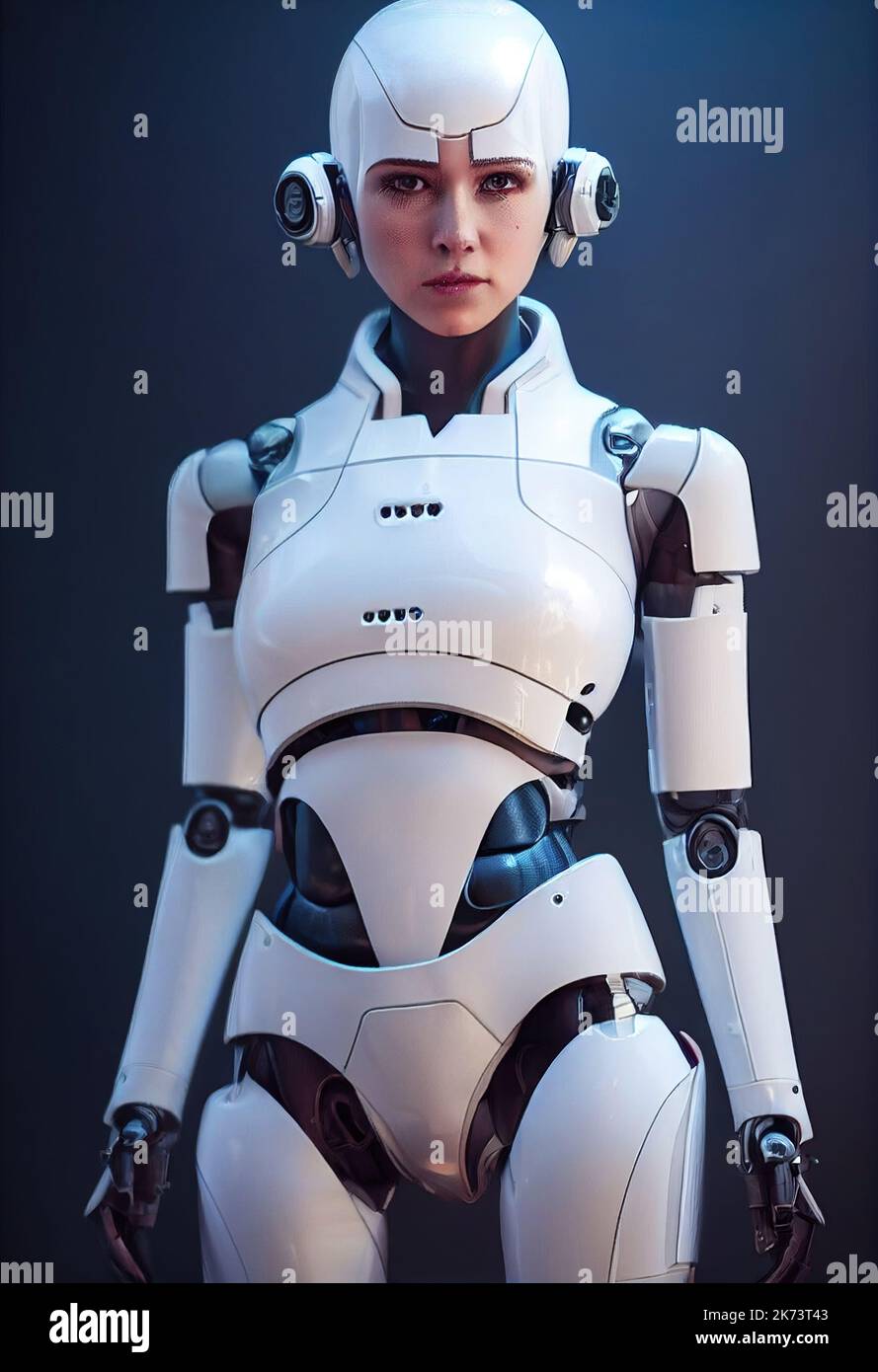 Mujer robótica, vista de detalle de cara. Retrato de una mujer robot de  primer plano. Mujer robótica con cara real. Una ciber-chica con un cuerpo  blanco y un metal que me ilumina