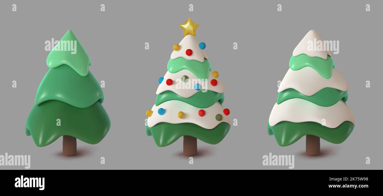 Conjunto de árboles de Navidad abstractos, cubiertos de nieve y decorados. Ilustración de Vector 3D. Feliz Año Nuevo y Feliz Navidad Ilustración del Vector