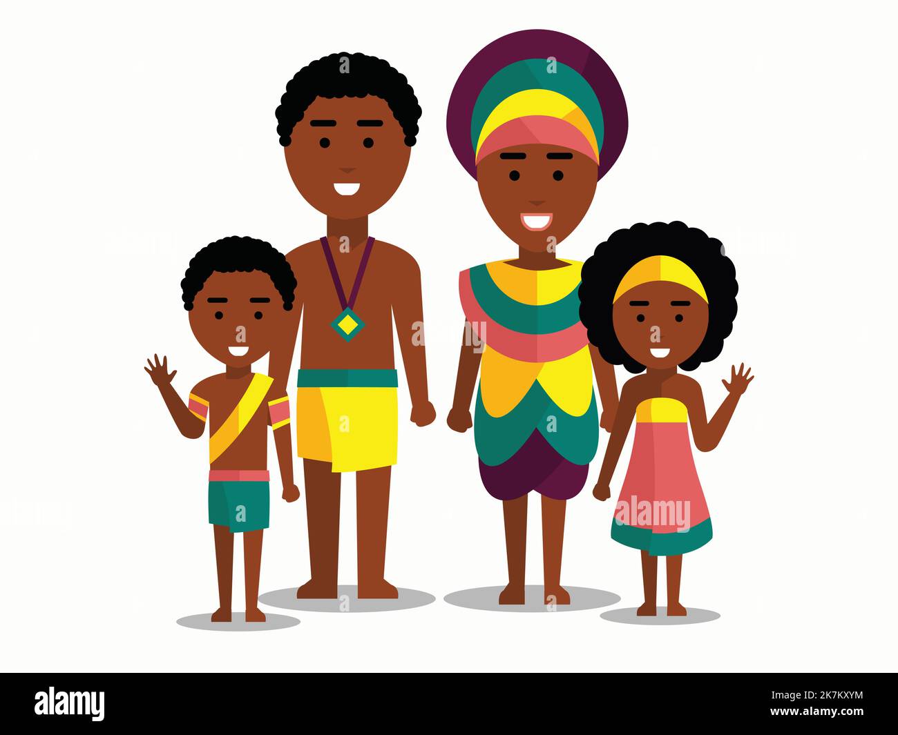 Familia caribeña con traje tradicional vector dibujo animado ilustración de carácter sobre fondo blanco aislado Ilustración del Vector