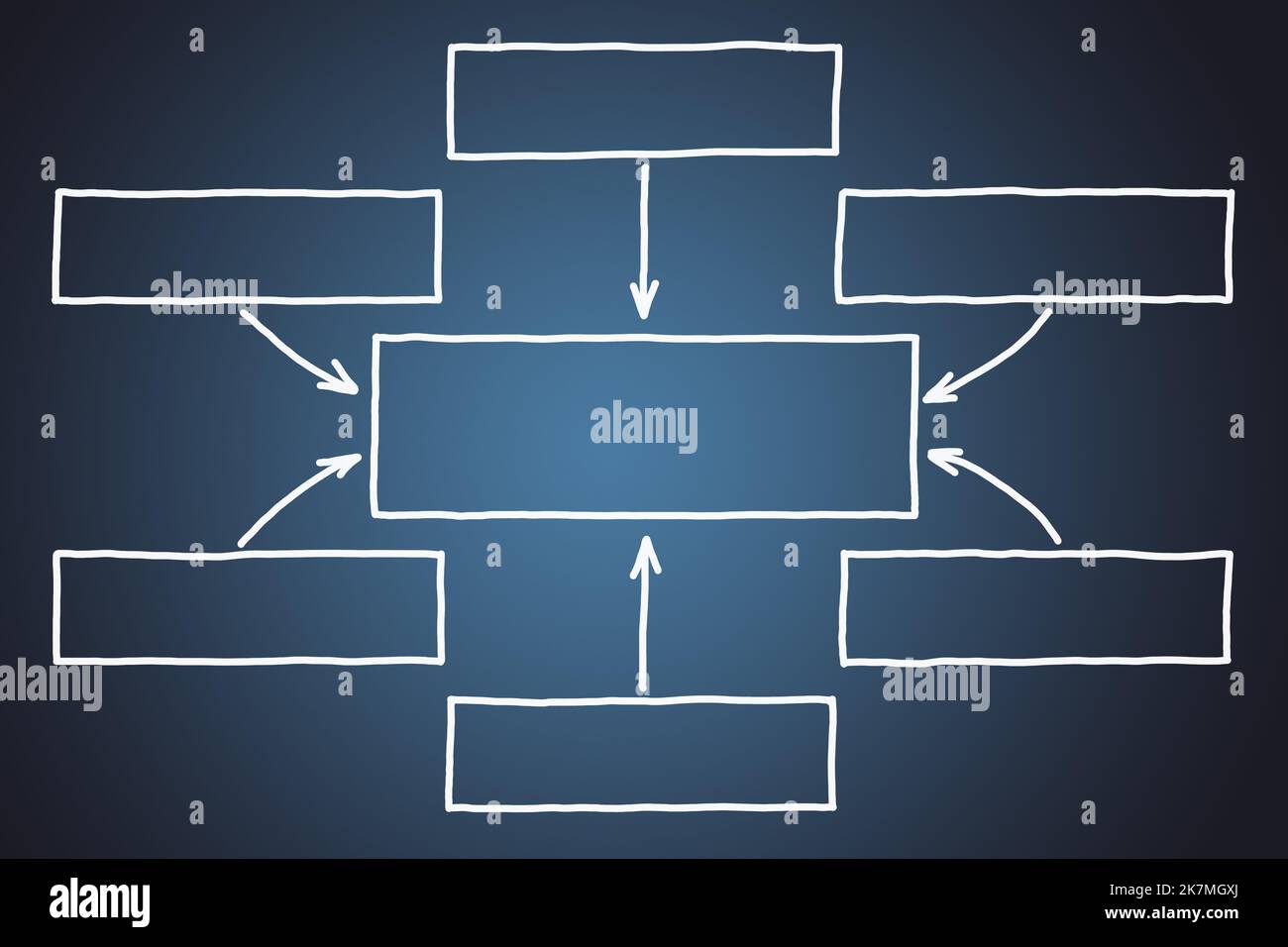 Diagrama de flujo en blanco dibujado a mano con flechas y espacio de copia con marcador sobre fondo azul oscuro. Foto de stock