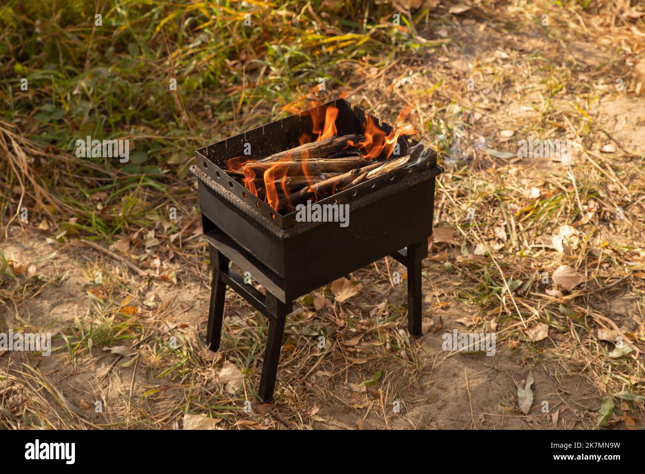 Parrilla de barbacoa portátil con llamas de fuego al aire libre Fotografía  de stock - Alamy