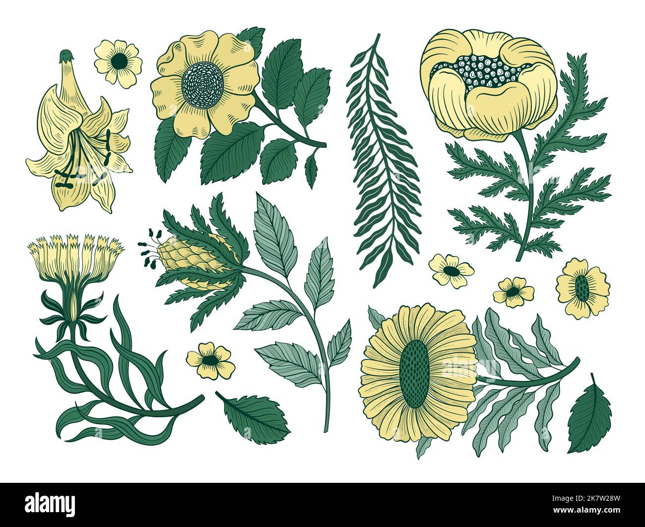 Colección de motivos florales vintage. Arte estilo William Moriss y movimiento artesanal. Diseño contorno flor símbolo. Ilustración del Vector