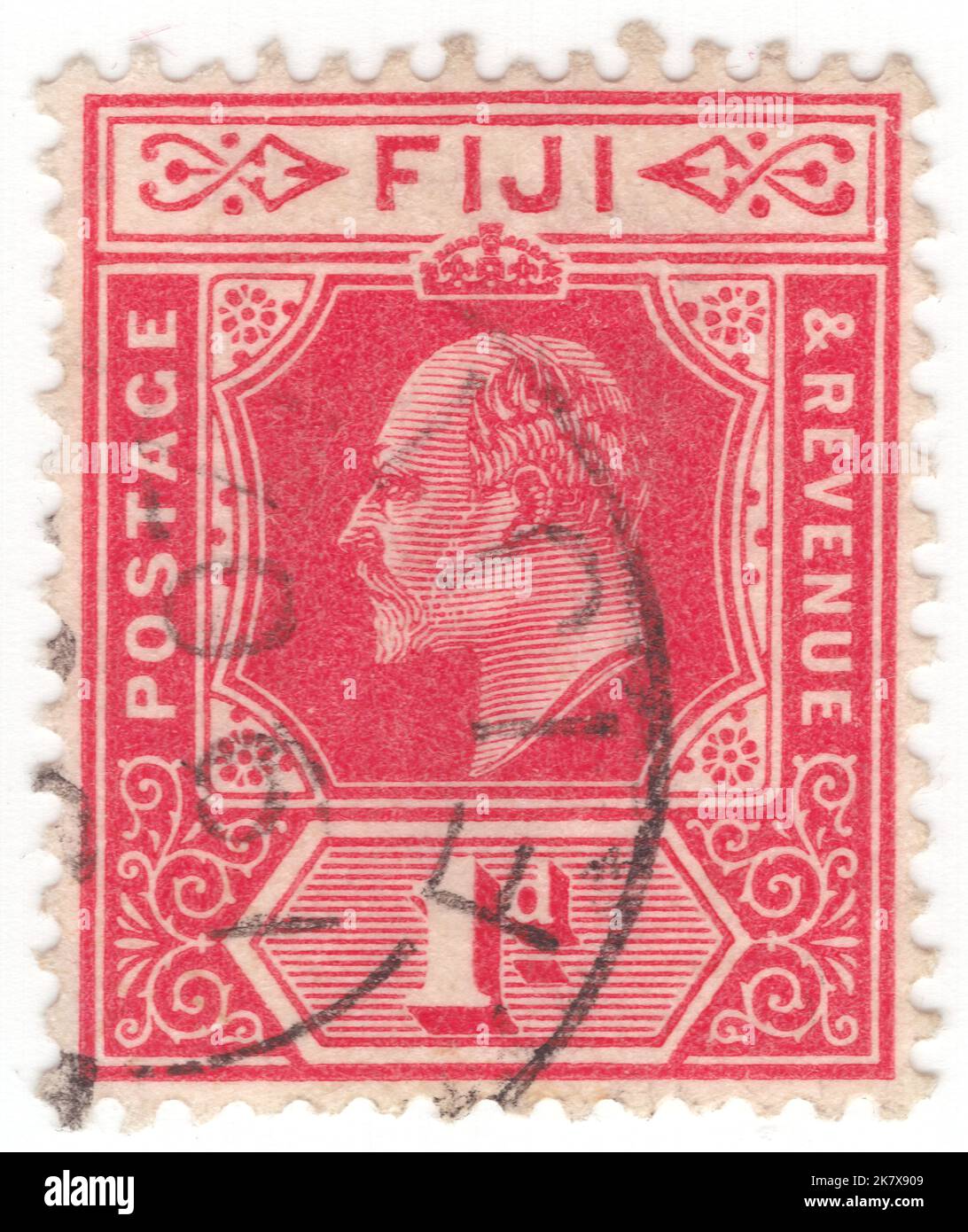 FIJI - 1906: Un sello de franqueo de carmín de 1 pence que representa el retrato del rey Eduardo VII Foto de stock