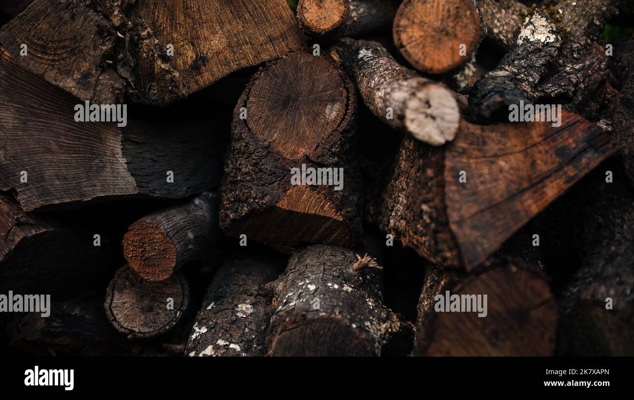 Almacenamiento de leña apilado de cerca. Las existencias de madera textura de los troncos. Tala de madera en el pueblo. Woodpile y concepto de estilo de vida rústico. Foto de stock