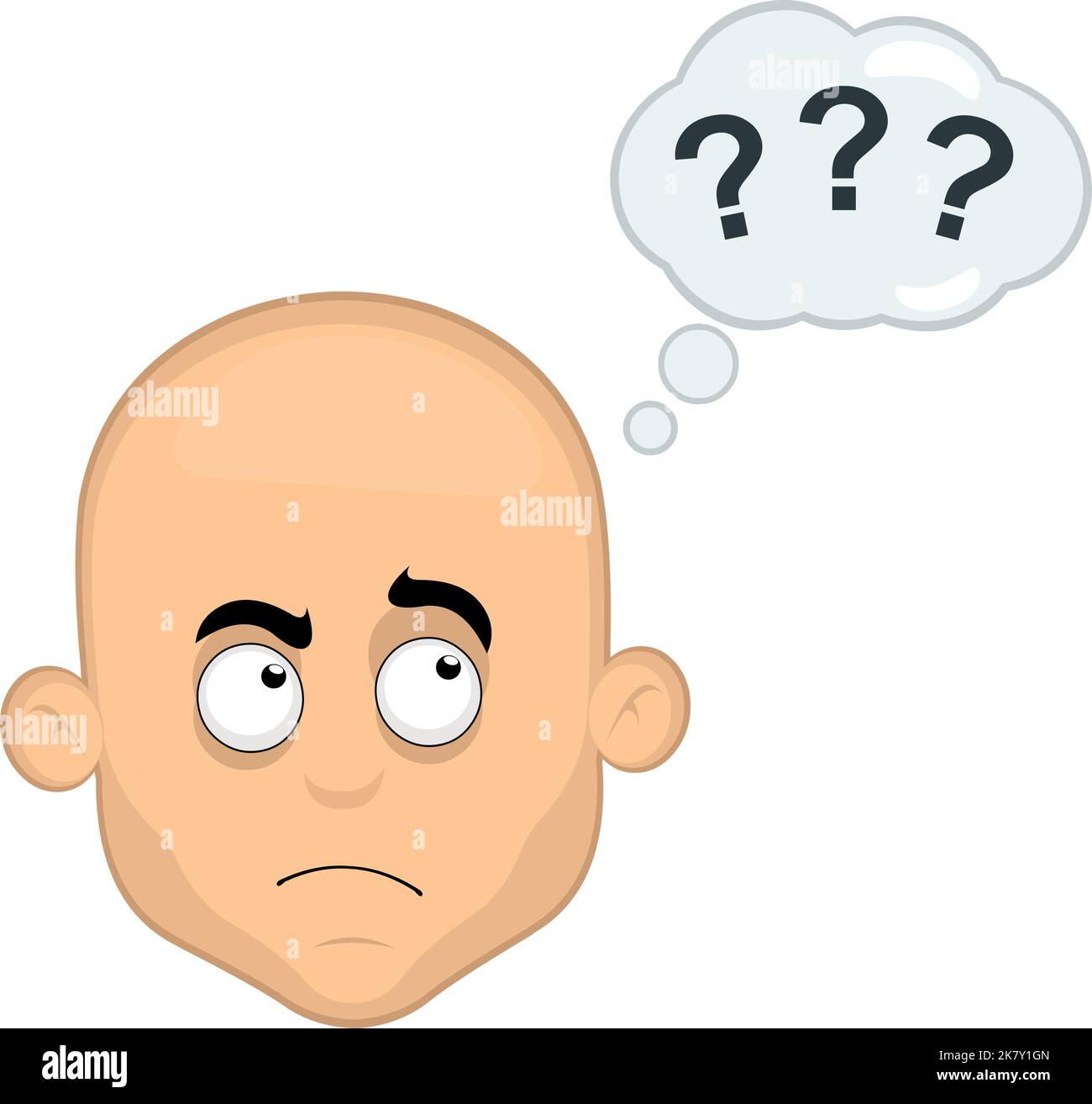 Ilustración vectorial de la cabeza de un hombre calvo de dibujos animados, con una expresión de pensamiento o duda y una nube de pensamiento con signos de interrogación Ilustración del Vector