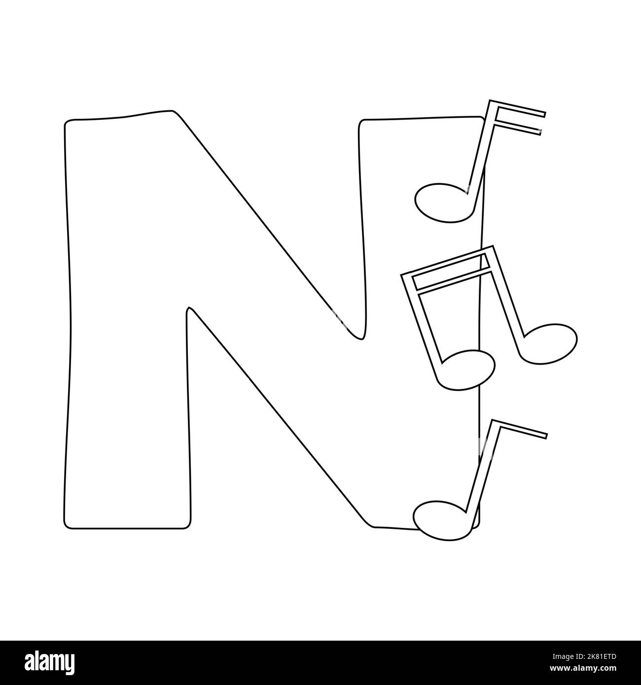 La letra N con notas musicales. Alfabeto educativo página de libro para  colorear Imagen Vector de stock - Alamy