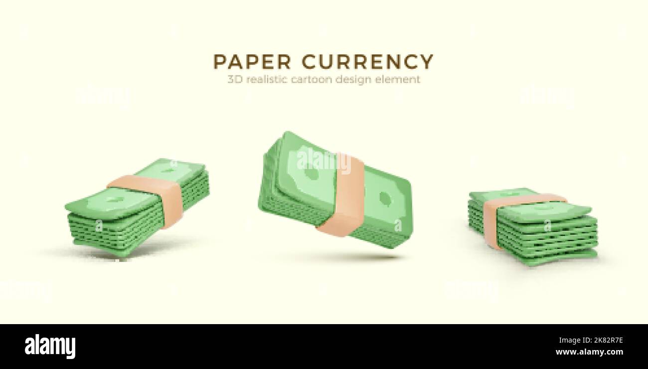 Paquete de moneda de papel verde. Conjunto de 3D pila de renderizado de dólar estadounidense. Billete de dólar de dinero en estilo de caricatura aislado. Ilustración vectorial Ilustración del Vector