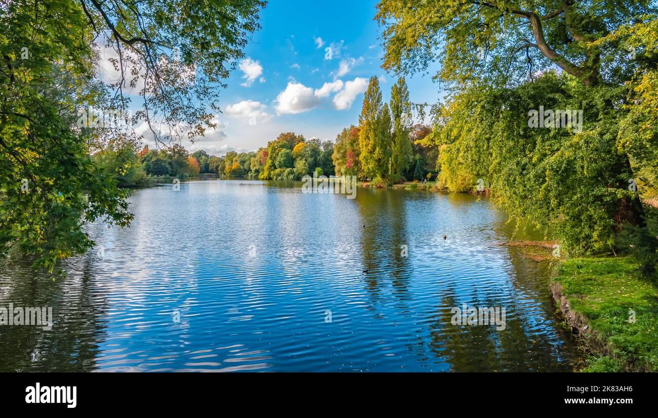 Hermoso paisaje con lago en el parque Rivierenhof, Amberes, Bélgica. Foto de stock