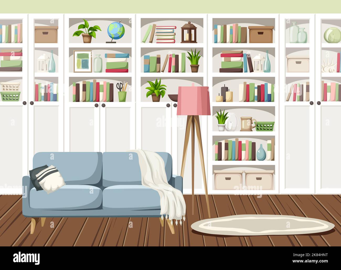 Interior de la sala de estar con librerías blancas y un sofá azul. Diseño interior escandinavo. Ilustración vectorial de dibujos animados Ilustración del Vector