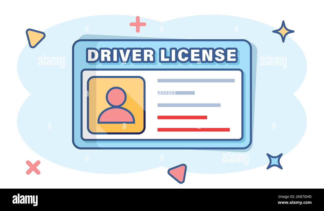 Icono de licencia de conducir en estilo cómic. Ilustración vectorial de dibujos animados de carné de identidad sobre fondo blanco aislado. Concepto de negocio de efecto de salpicaduras de identidad Imagen Vector Icono de licencia de conducir en estilo cómic. Ilustración vectorial de dibujos animados de carné de identidad sobre fondo blanco aislado. Concepto de negocio de efecto de salpicaduras de identidad Imagen Vector