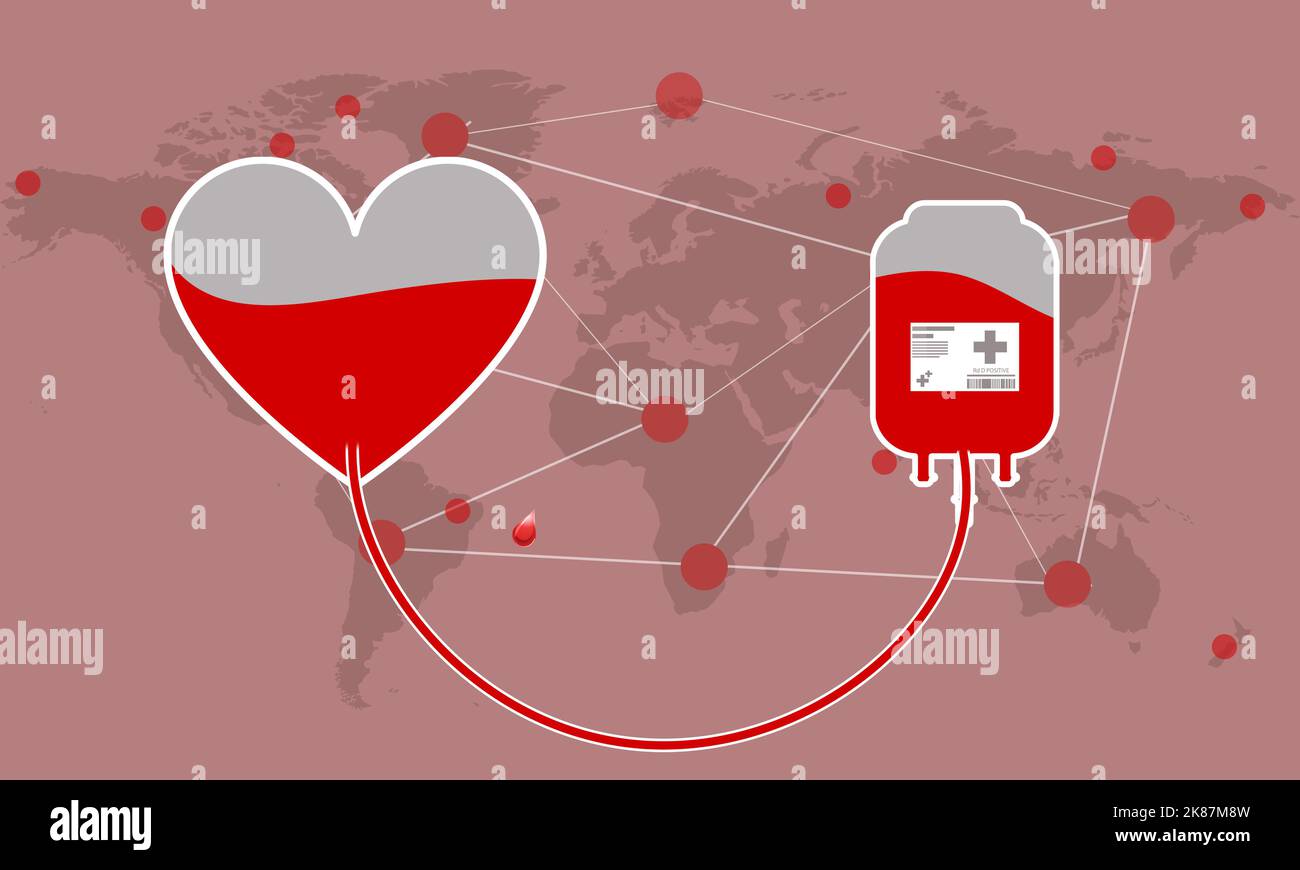 Ilustración del concepto Done Sangre y Salvemos Vidas. Saco de sangre y Corazón Rojo en el mapa del mundo con puntos conectados. Día Mundial de Donaciones y Donantes Foto de stock