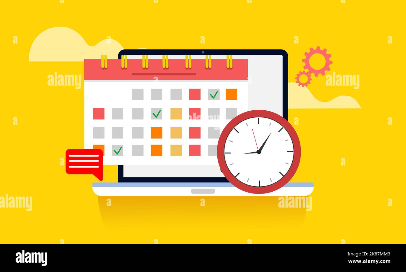 Gestión del tiempo, planificación empresarial, días programados y agenda con aviso importante. Ordenador portátil moderno con calendario, reloj y mensaje de fecha límite. Foto de stock