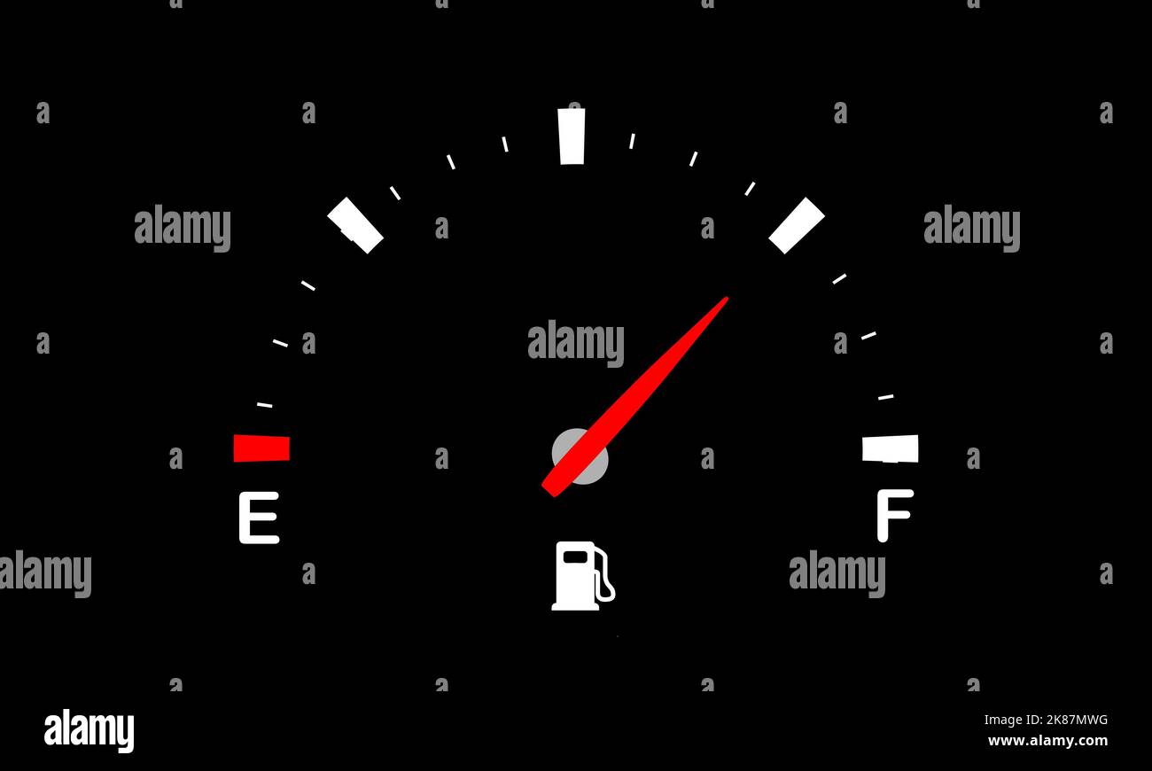 Ilustración del indicador de combustible sobre fondo negro. Indicador de combustible diésel completo y indicador amarillo de depósito de gas lleno. De combustible vacío a combustible lleno Foto de stock