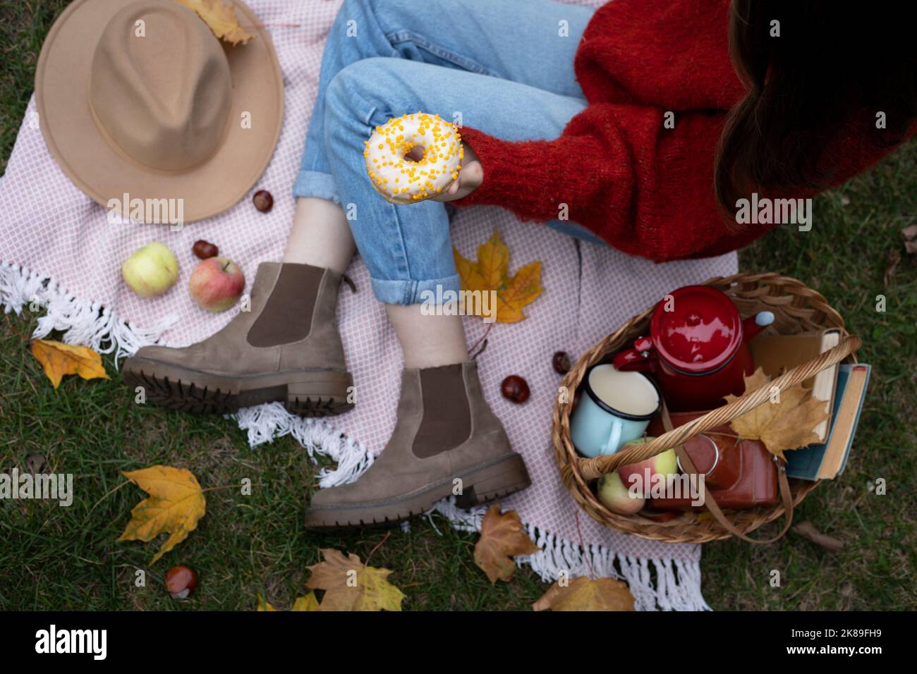 picnic de otoño. niña y cesta de picnic con donuts, una taza, manzanas y libros. humor y estética Foto de stock