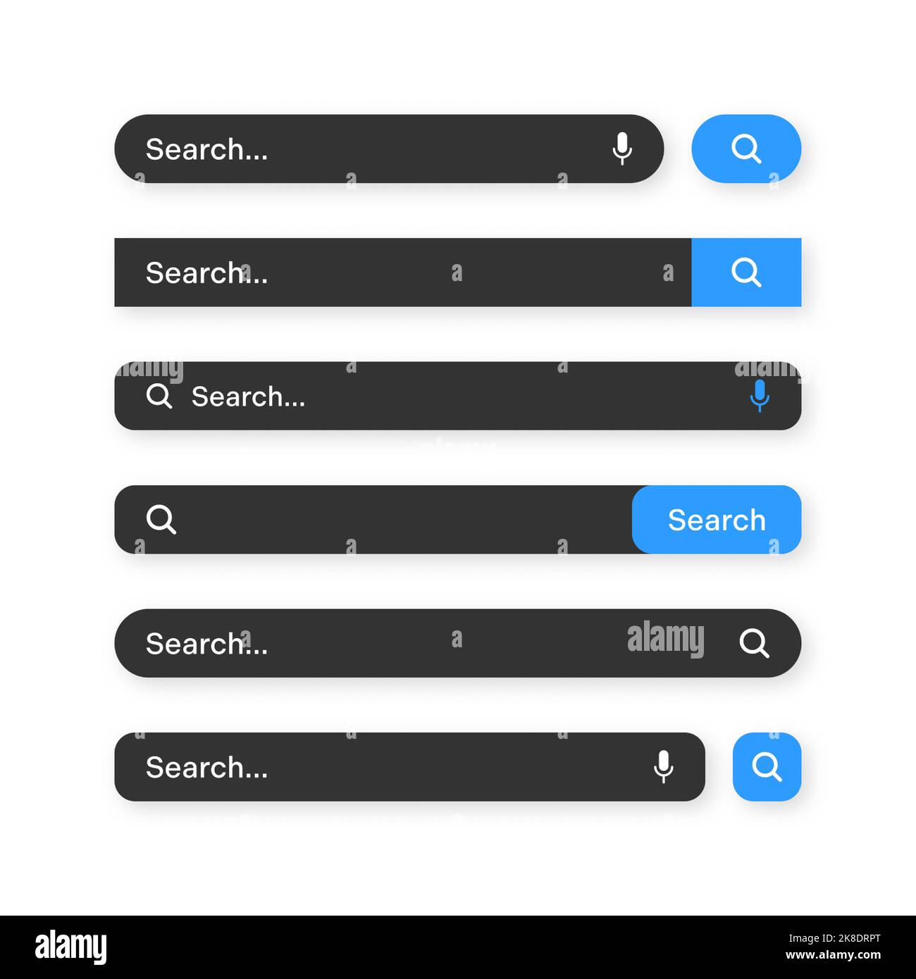 Varias plantillas de barra de búsqueda, modo oscuro. Motor de navegador de  Internet con cuadro de búsqueda, barra de direcciones y campo de texto.  Diseño de IU, elemento de interfaz de sitio