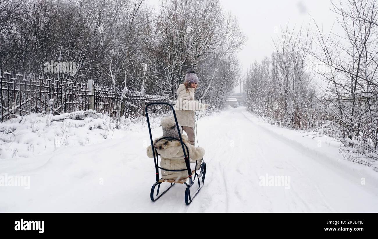 paseos en trineo familiares en invierno. actividades al aire libre en invierno. Los niños felices, riendo, juguetones disfrutan de trineos en caminos nevados, en el bosque, durante la nevada. Los niños se divierten en los días nevados de invierno. Cámara lenta. Fotografía de alta calidad Foto de stock