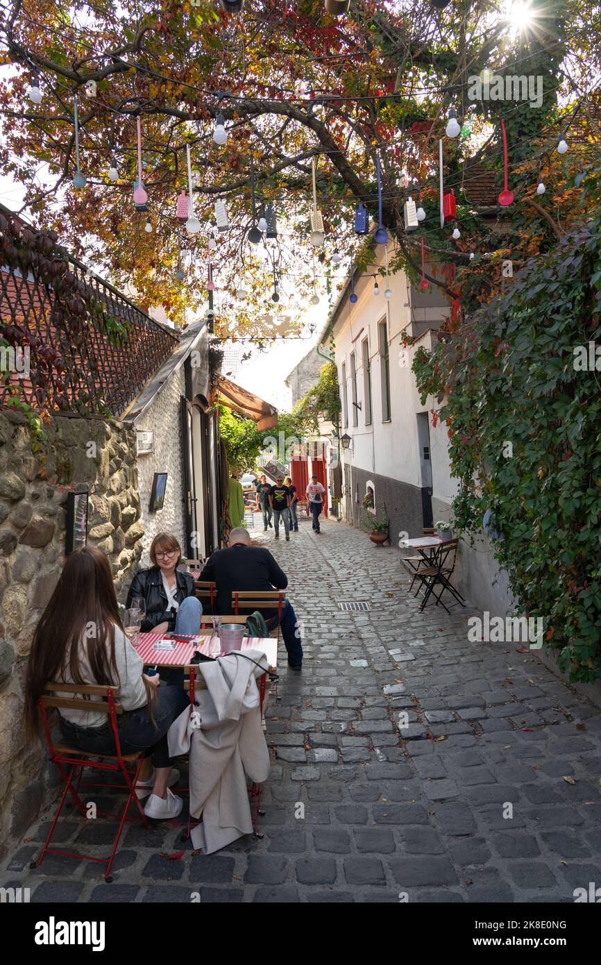 10.13.2022 -Szentendre, Hungría: Hermoso paisaje urbano colorido de Szentendre con restaurante Aranysarkany Foto de stock