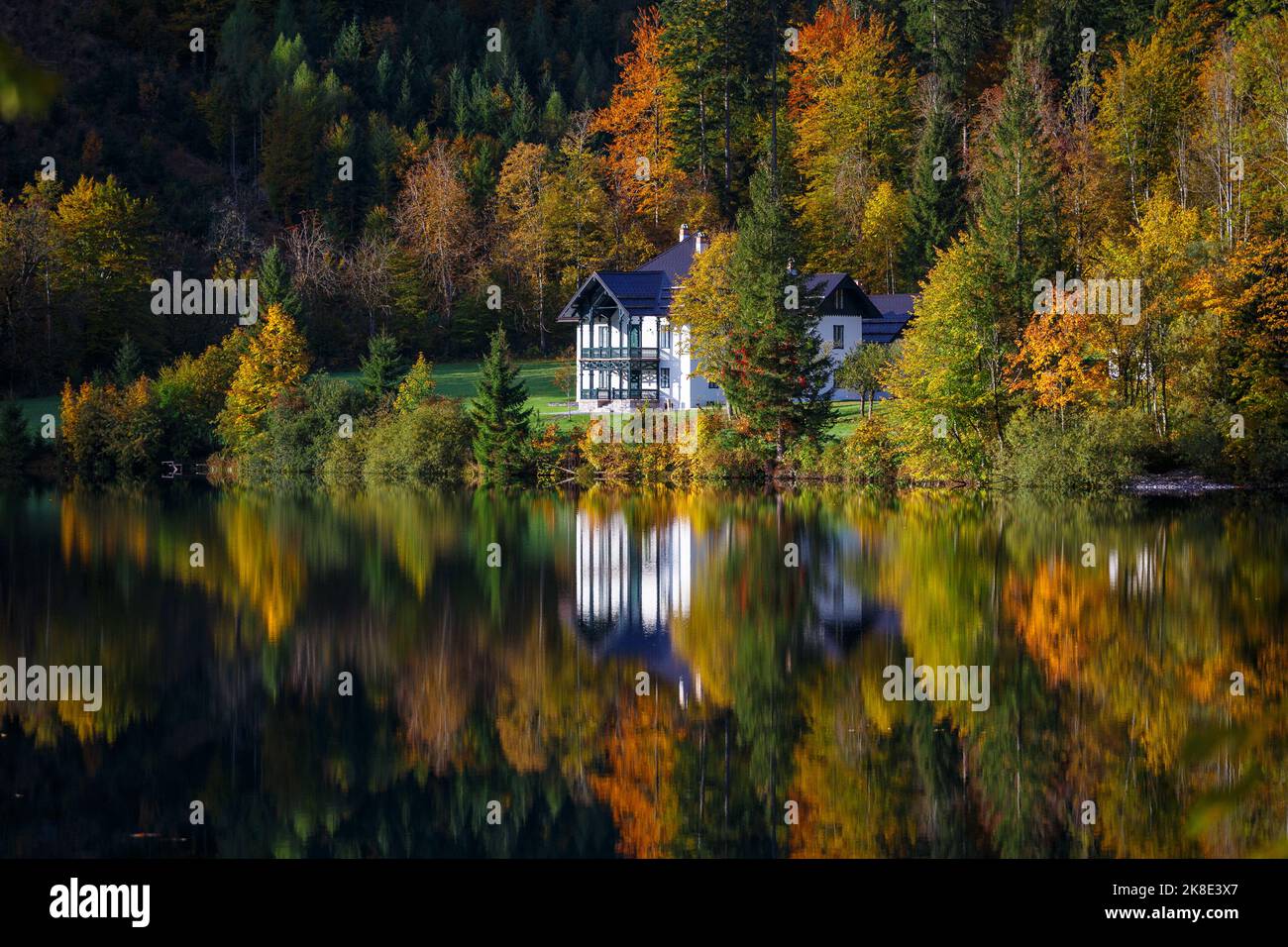 Vorderer Langbathsee lago alpino en otoño. Reflexiones sobre el agua del lago de los árboles colores otoñales. Ebensee, Alta Austria. Europa. Foto de stock