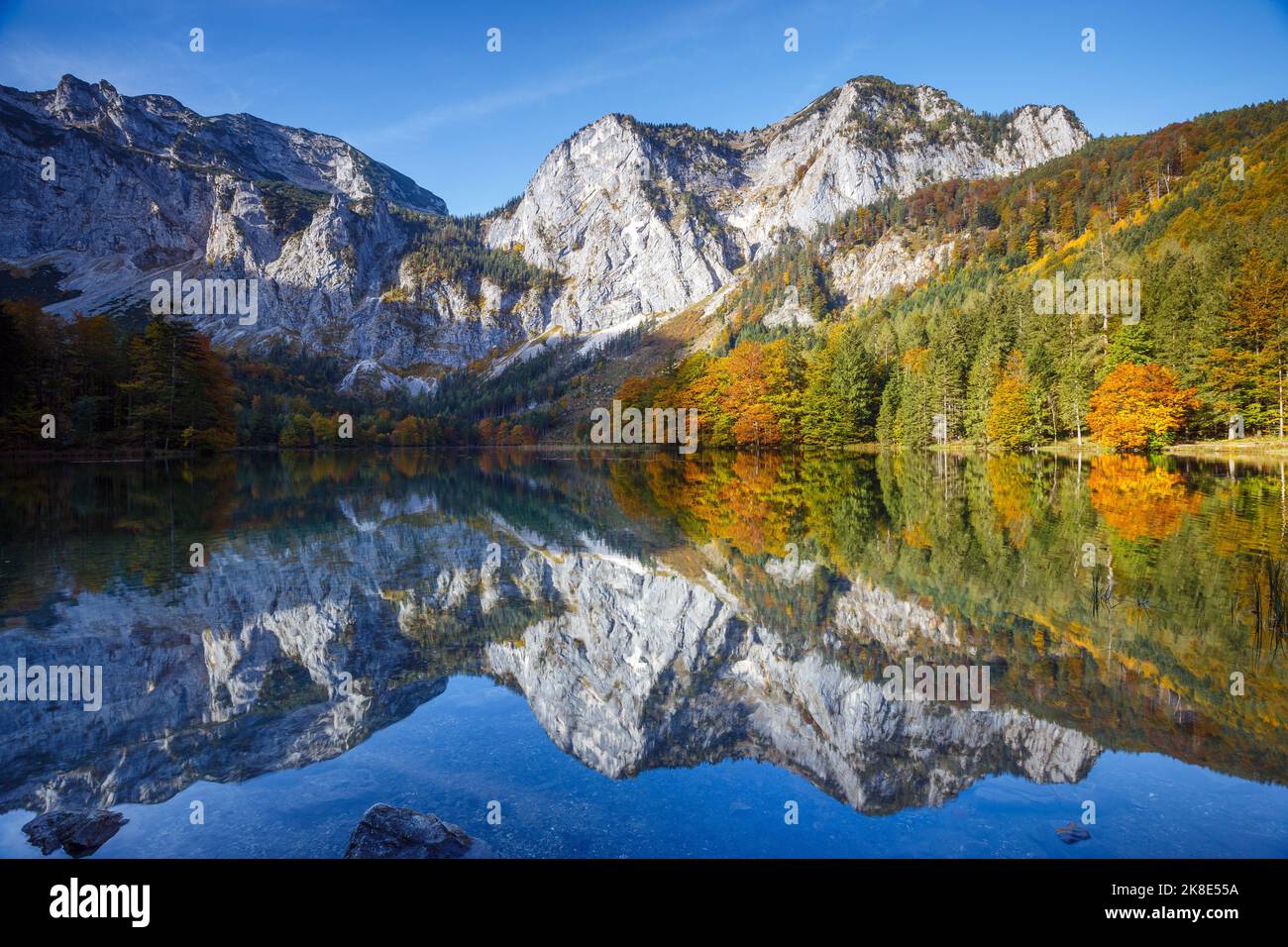 Hinterer Langbathsee lago alpino en otoño. Ebensee, Alta Austria. Europa. Foto de stock