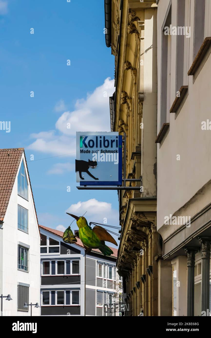 Fachadas de la casa, calle comercial, signo de colibrí, la moda también joyas, la imagen de un gato negro, signo de la tienda, detrás de Ulmer Spatz, Ulm Foto de stock