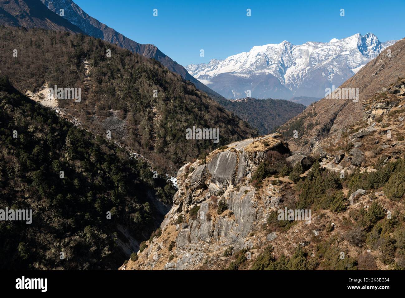 Foto de la naturaleza, hermosas montañas altas con árboles, Nepal Foto de stock