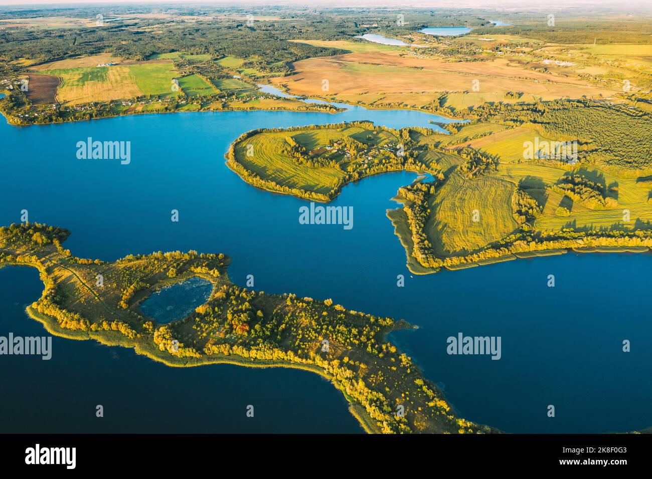 Distrito de Lyepyel, Lago Lepel, Distrito de Beloozerny, Región de Vitebsk. Vista aérea de la zona residencial con casas en el campo. Vista superior de Europa Foto de stock