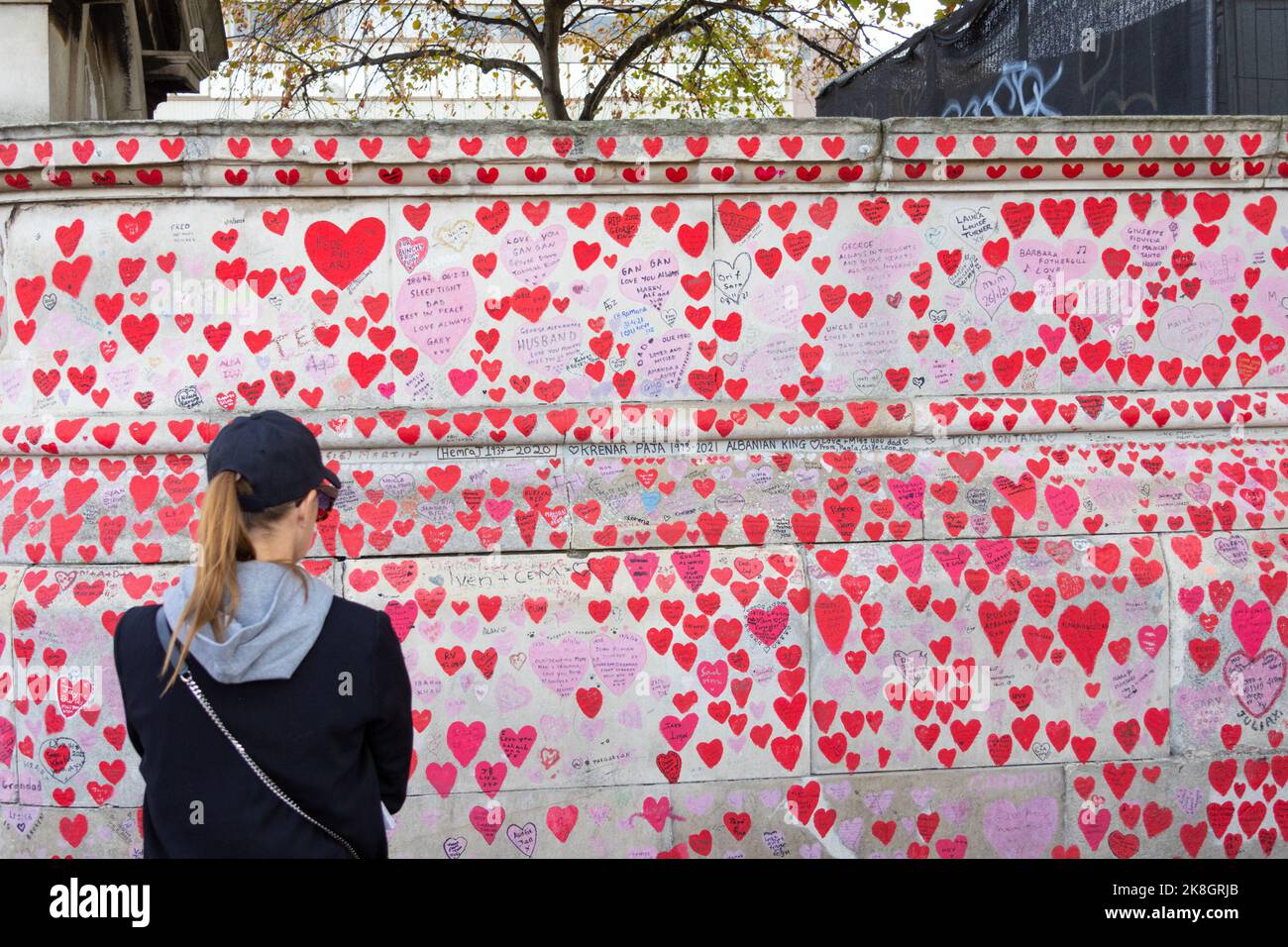 El muro conmemorativo nacional covid con una mujer mirando los miles de corazones y mensajes, londres, reino unido Foto de stock
