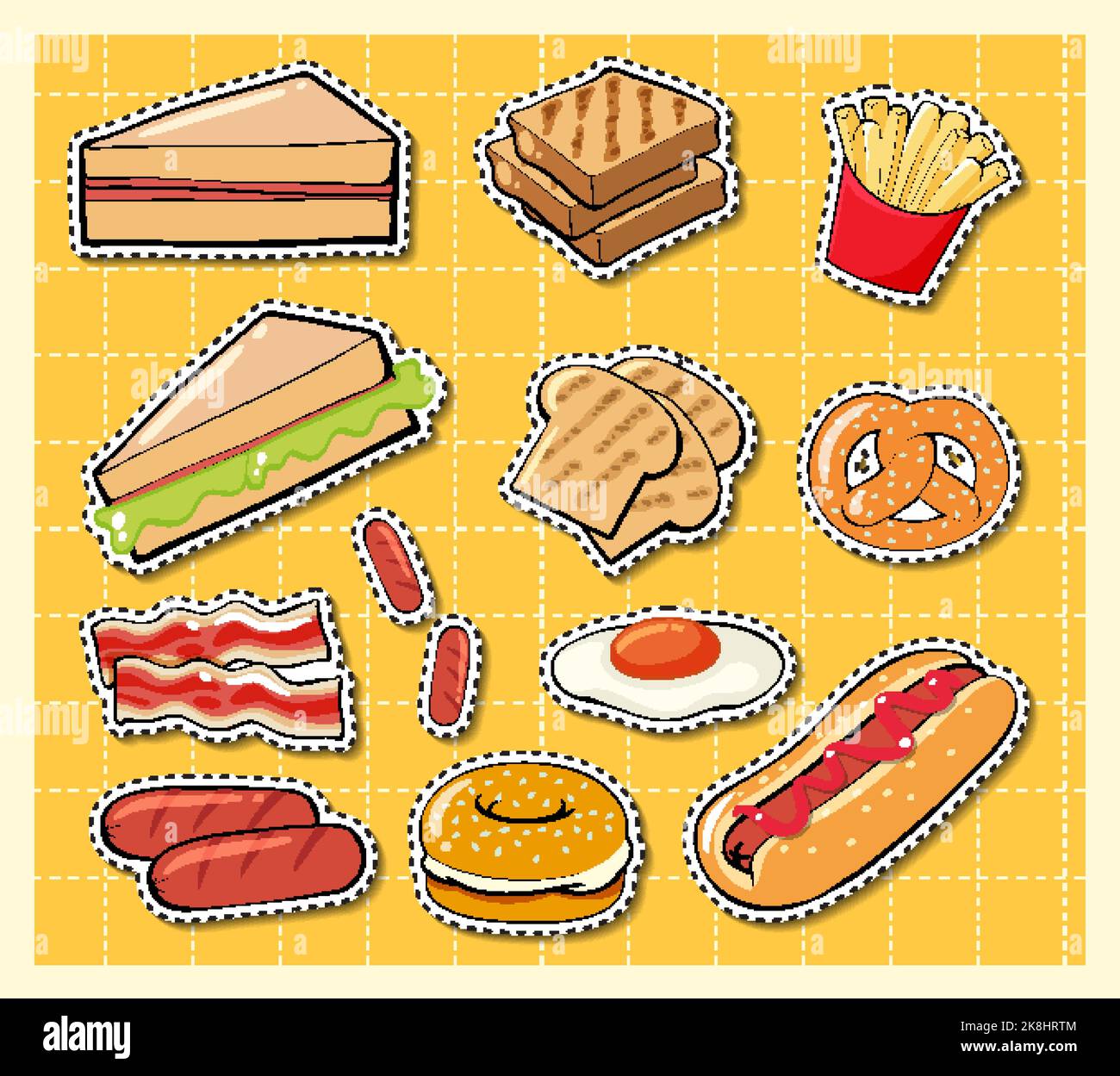 Pegatina de dibujos animados de comida mixta en la ilustración de fondo de la cuadrícula Ilustración del Vector