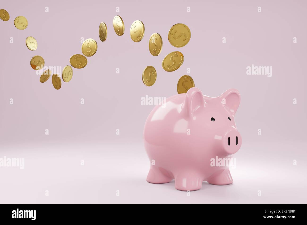 Un montón de monedas de oro que se insertan en un banco de color rosa piggy. 3D ilustración del concepto de ahorro, inversión y servicios bancarios Foto de stock