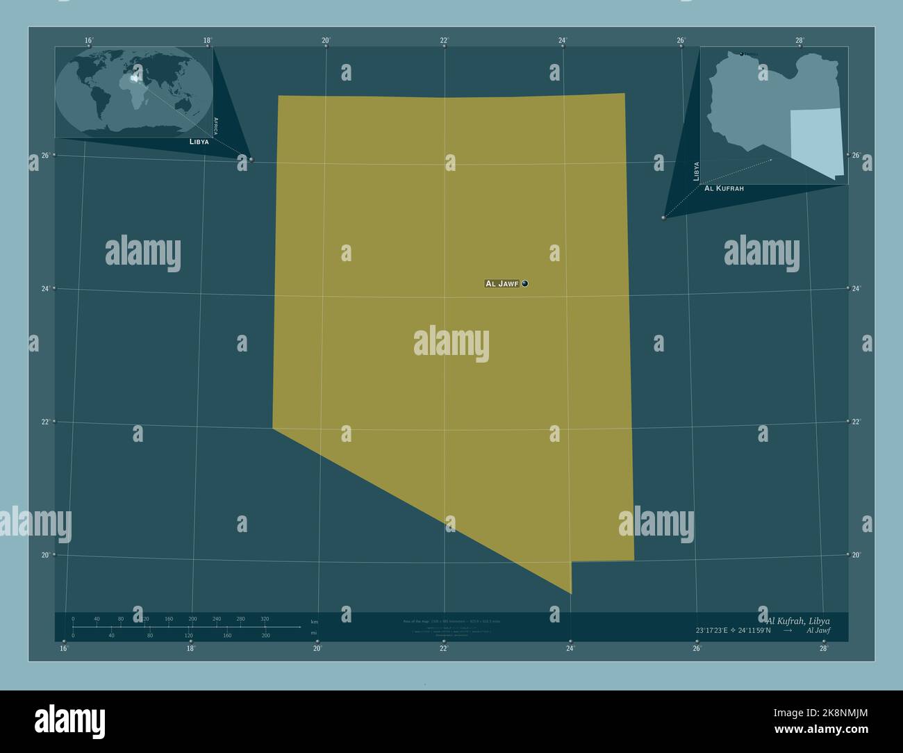 Al Kufrah, distrito de Libia. Forma de color sólido. Lugares y nombres