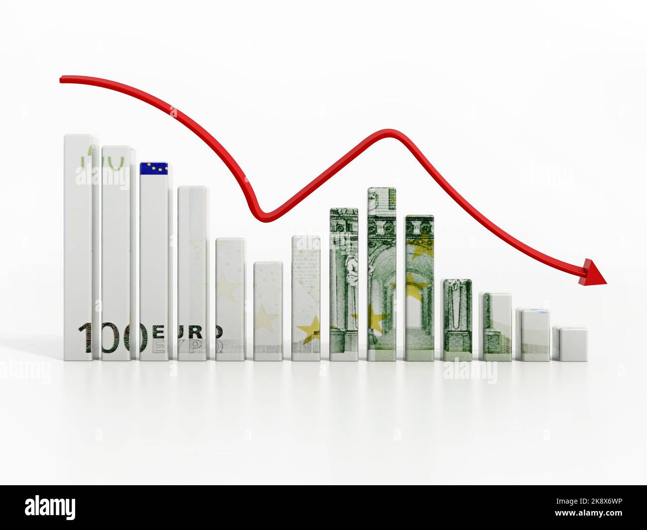 Flecha descendente en el gráfico de ventas con textura para Europa. Ilustración 3D. Foto de stock
