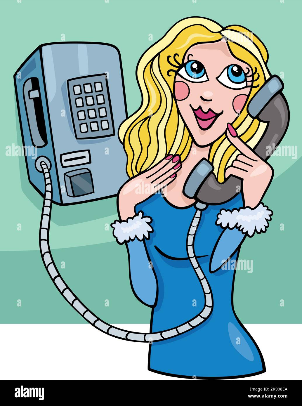 Ilustración de dibujos animados de una joven mujer personaje cómico hablando en un viejo teléfono público Ilustración del Vector