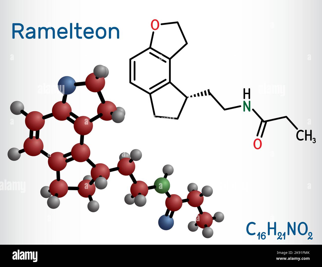 Molécula de ramelteón. Fórmula química estructural, modelo molecular