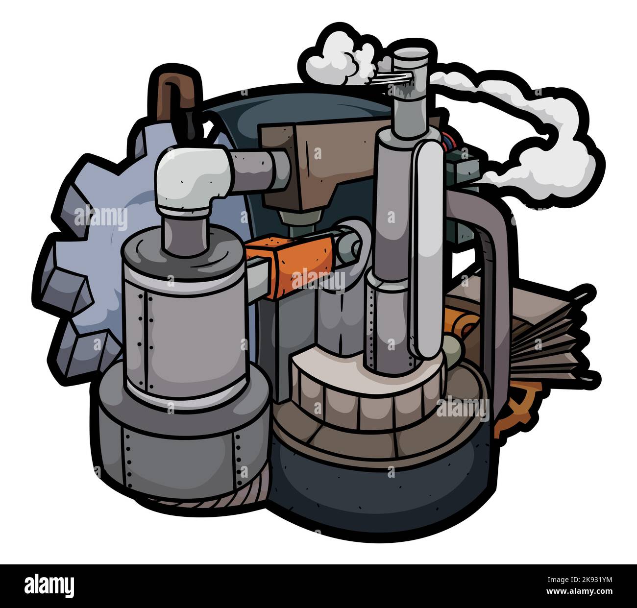 Máquina de vapor de estilo steampunk con engranajes, tanques, tuberías, tubos, fuelles y chimenea de vapor. Ilustración del Vector