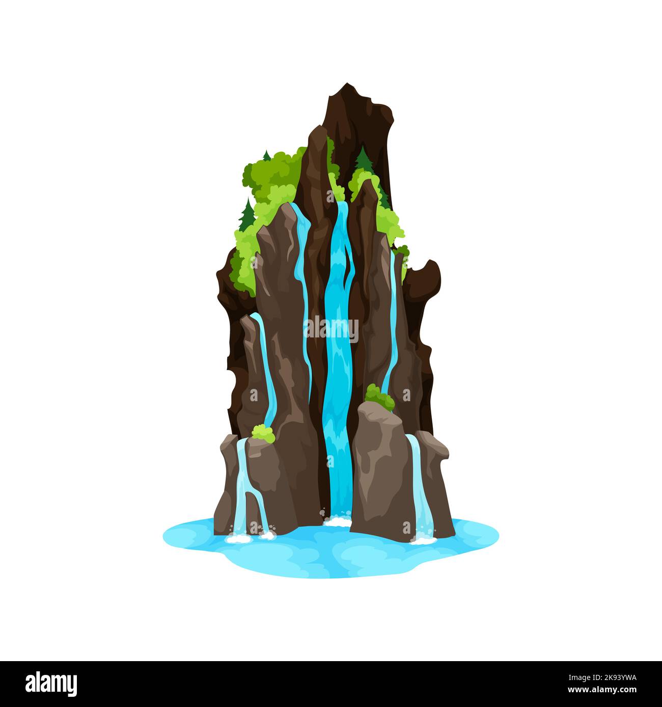 Cascada de dibujos animados y cascada de agua. Vectores salpicando arroyos y chorros cayendo de roca con vegetación verde. Flujos múltiples aislados, entorno natural o decoración de parques Ilustración del Vector