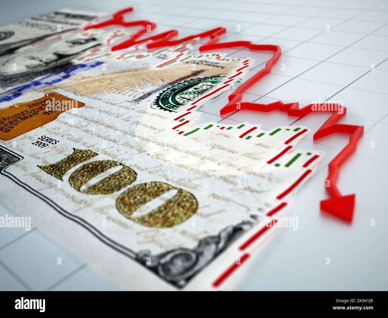 Flecha roja que cae en el billete del dólar. Ilustración 3D. Foto de stock