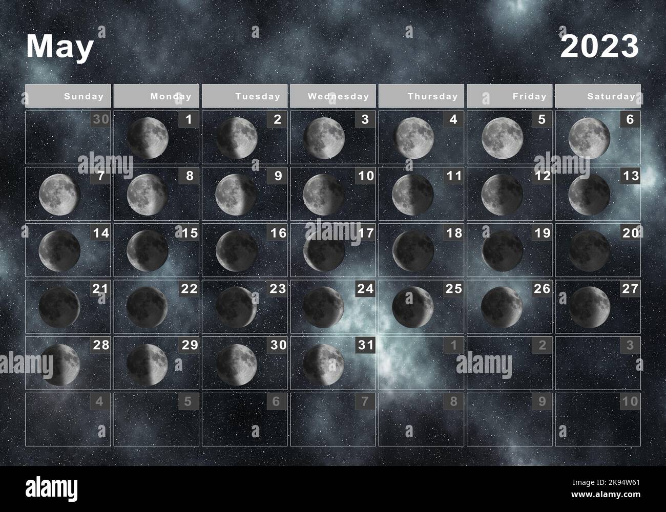 Ciclo Lunar Mayo 2023 Mayo 2023 Calendario lunar, ciclos lunares, fases lunares Fotografía de  stock - Alamy
