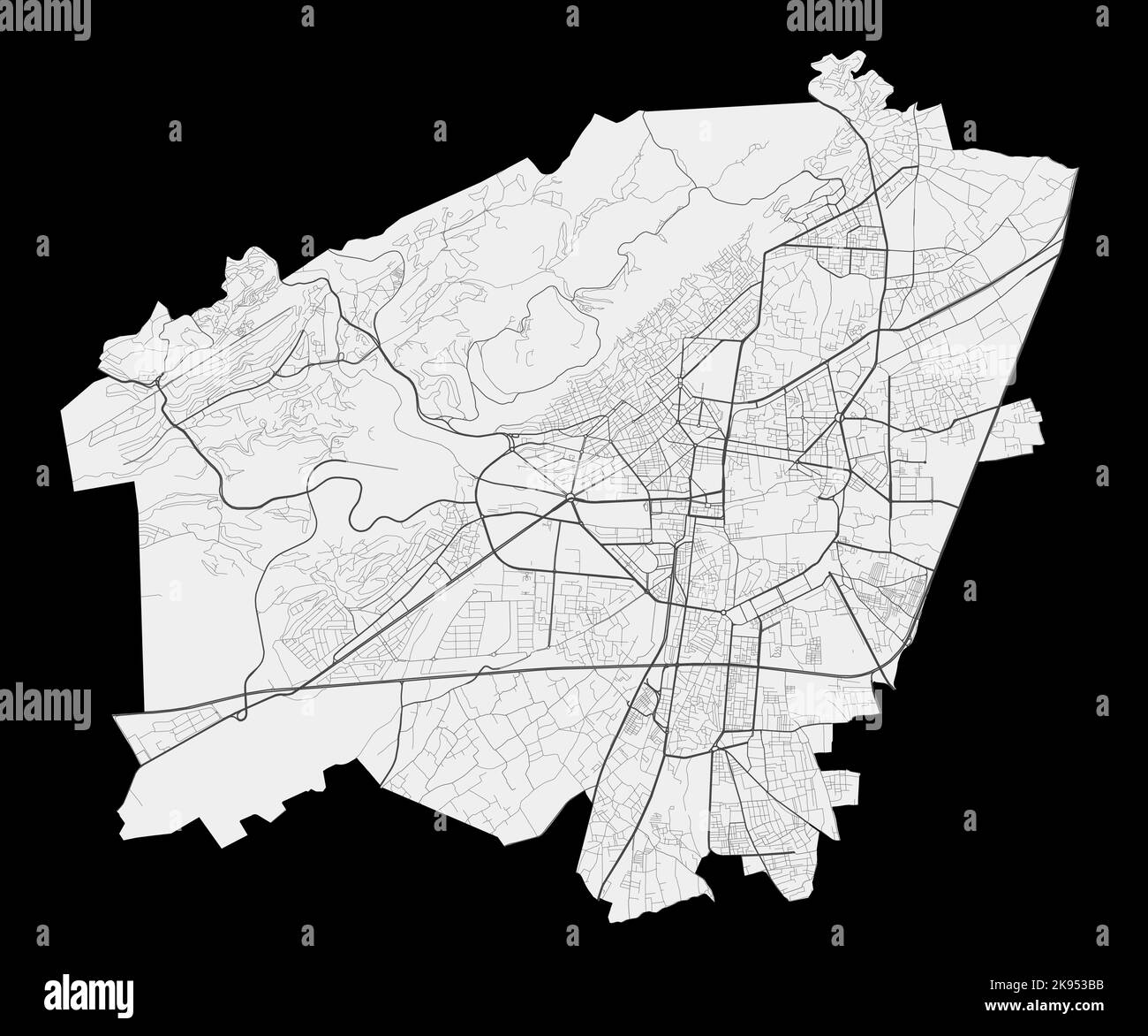 Mapa vectorial de Damasco. Mapa detallado de la zona administrativa de la ciudad de Damasco. Panorama del paisaje urbano. Ilustración vectorial libre de derechos de autor. Mapa de carreteras con autopistas, Ilustración del Vector