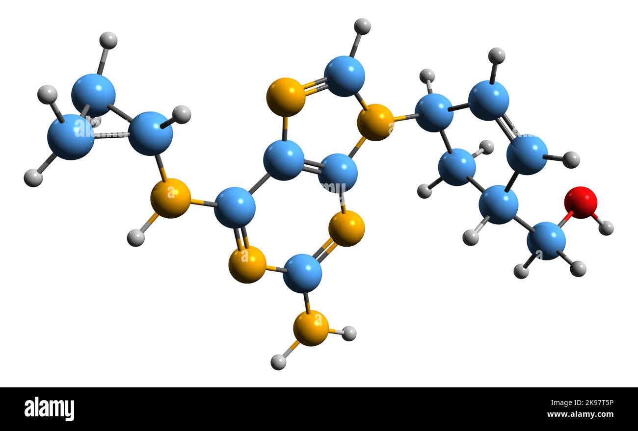 3D imagen de la fórmula esquelética de Abacavir - estructura química molecular de la medicación del VIH-SIDA aislada sobre fondo blanco Foto de stock