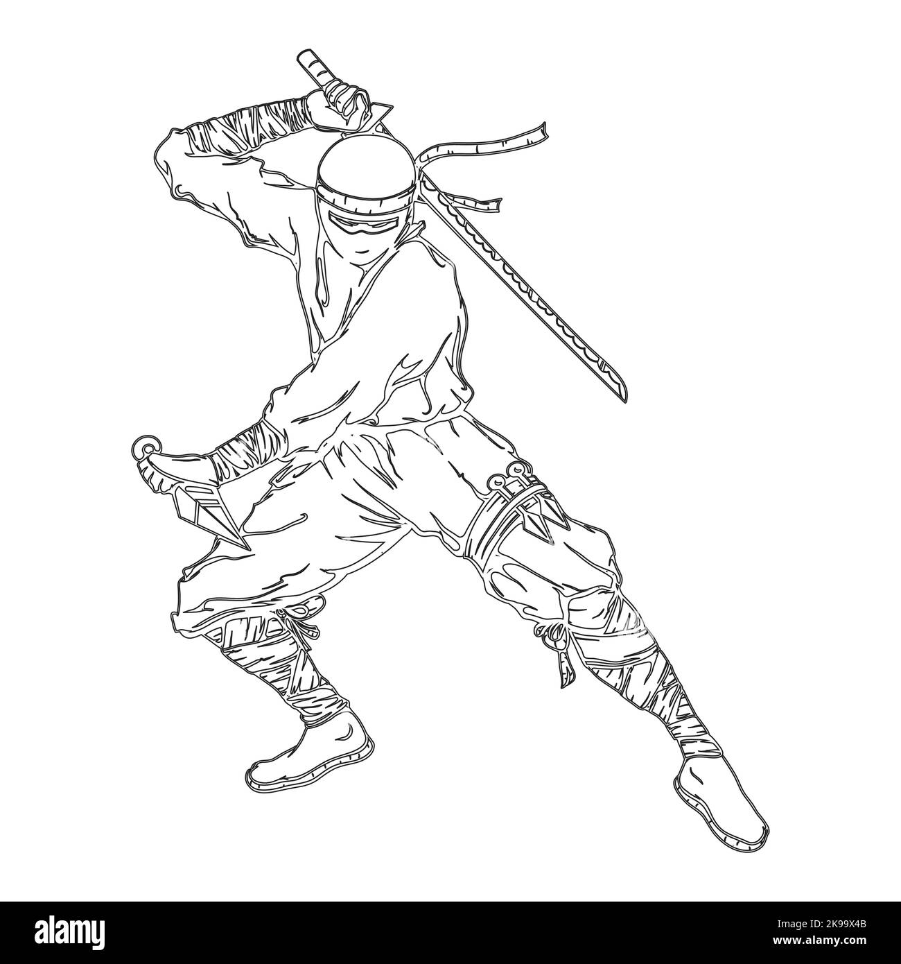 Ilustración japonesa de dibujos animados ninja sosteniendo armas para  colorear libro Imagen Vector de stock - Alamy