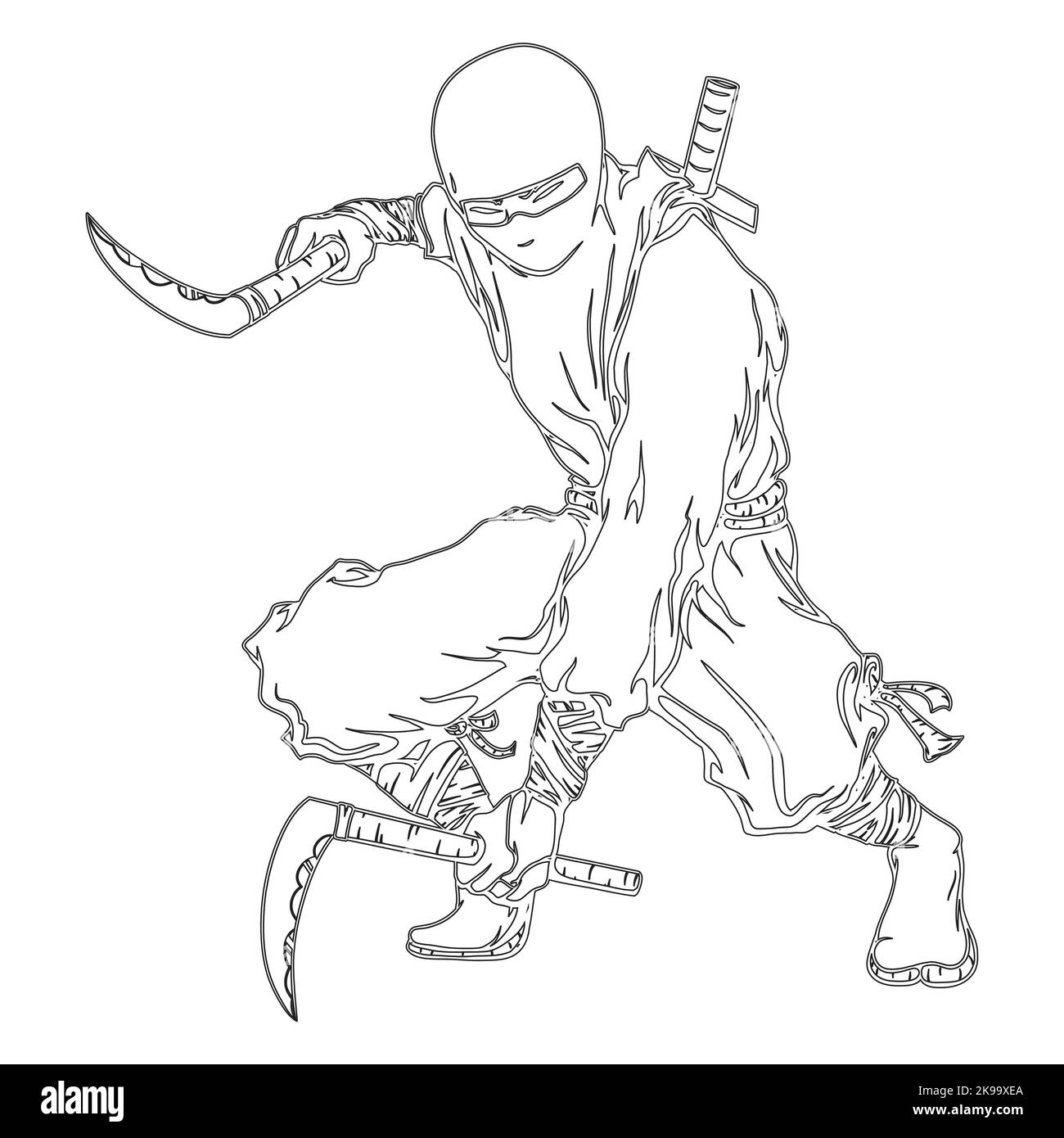 Ilustración japonesa de dibujos animados ninja sosteniendo armas para  colorear libro Imagen Vector de stock - Alamy