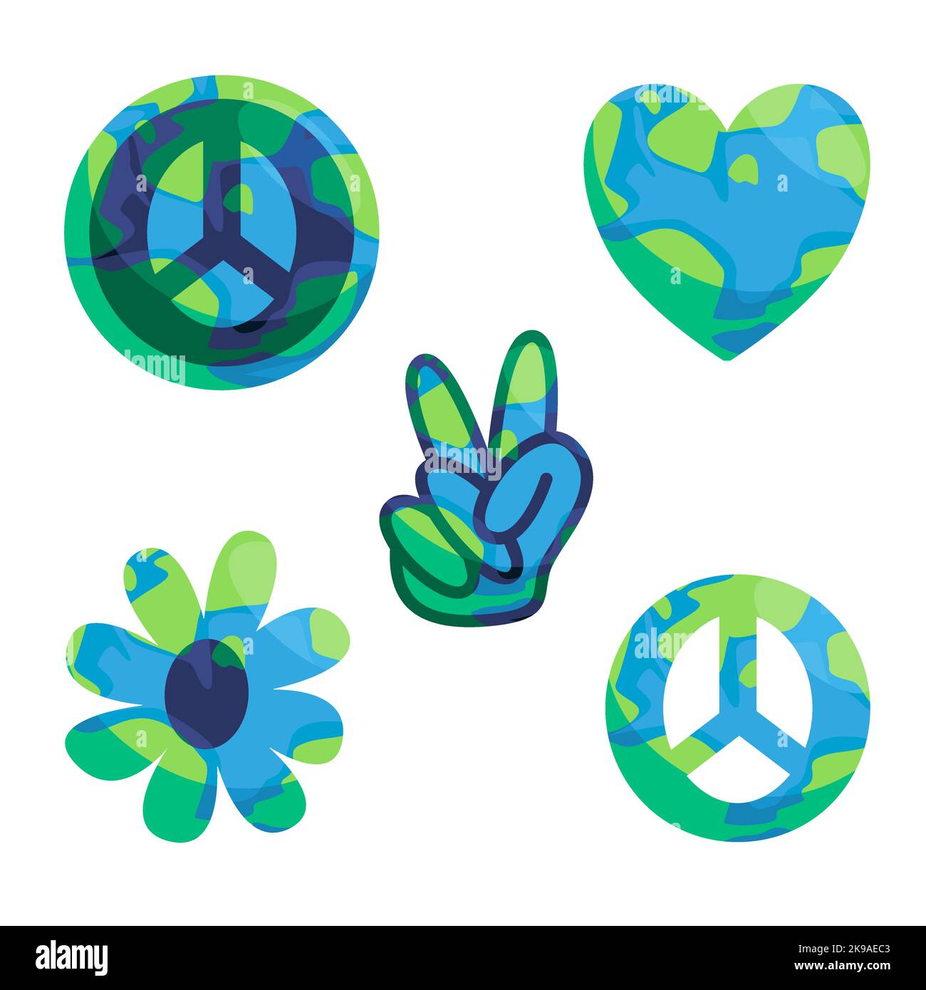 Paz amor medio ambiente globo día de la paz símbolo de la tierra azul mano signo vectocaricatura Ilustración del Vector