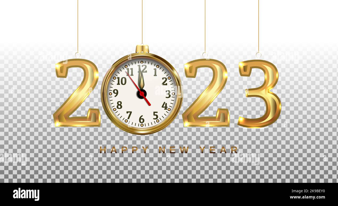 Año Nuevo 2023 números de metal oro y relojes cuelgan como decoraciones de  Navidad. Maqueta para banners de vacaciones. Aislado sobre fondo png  transparente. Vector Imagen Vector de stock - Alamy