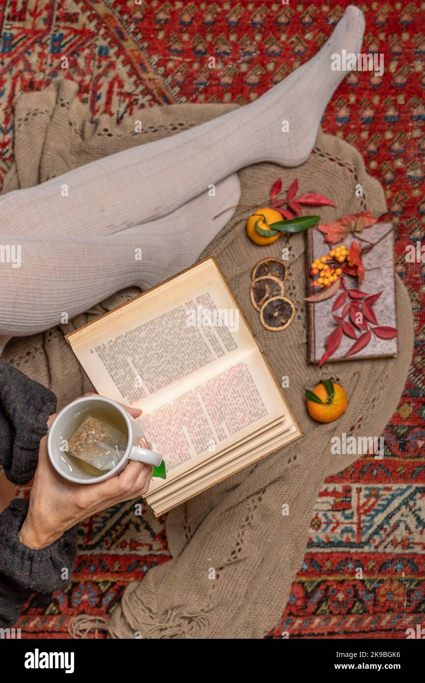 Las piernas de una mujer sentada sobre una alfombra con calcetines de lana y una taza de té de hierbas en la mano, mientras leía un libro Foto de stock