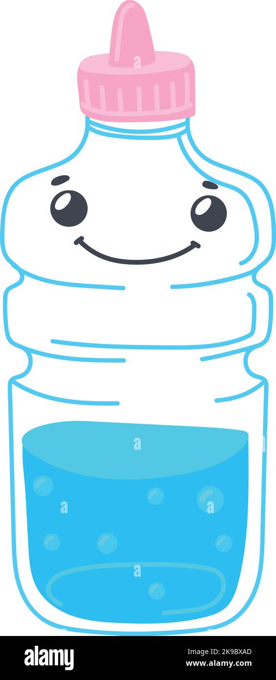 Agua limpia en el biberón con cara sonriente. Lindo recipiente para bebidas  aislado sobre fondo blanco Imagen Vector de stock - Alamy
