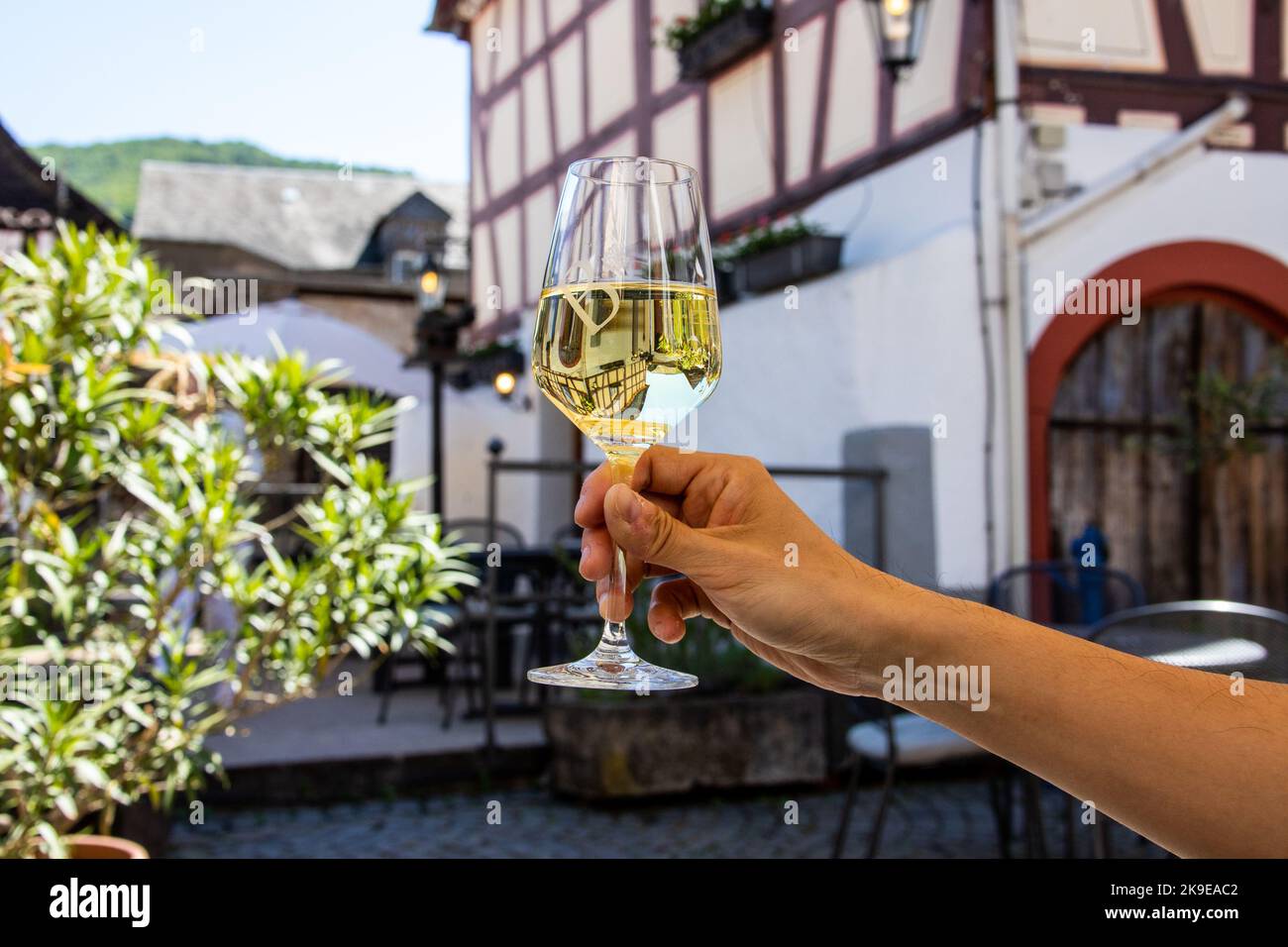Vino blanco en el restaurante Zum Grunen Baum Foto de stock