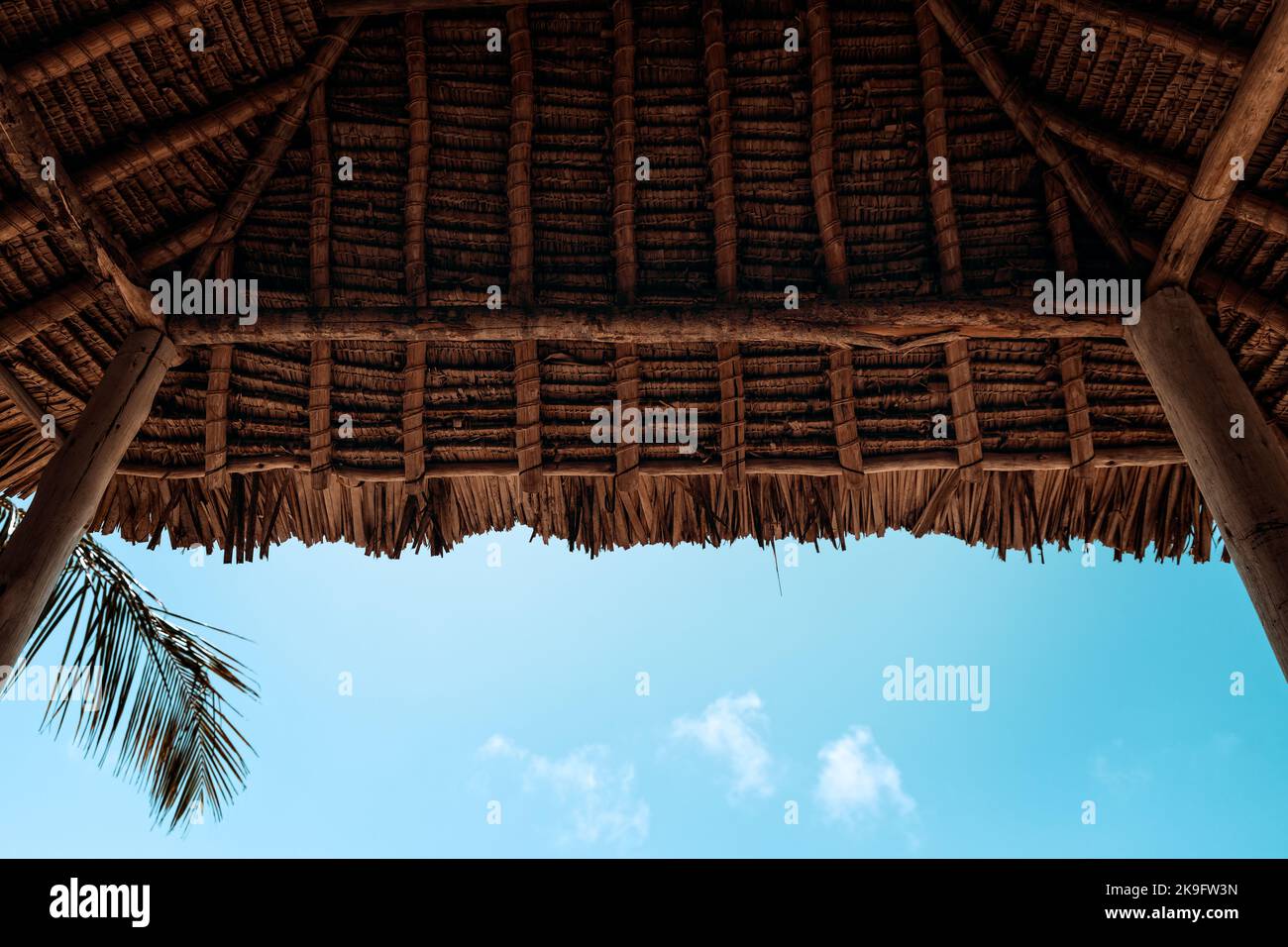 Cabaña cubierta de junco y una playa tropical Foto de stock